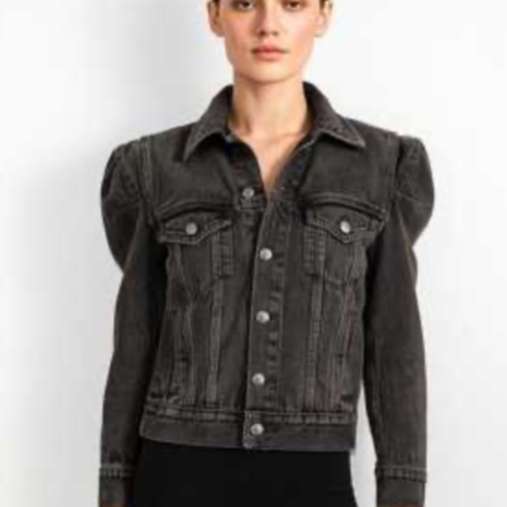 Frame Denim Black Denim Jacket Puffed Sleeves